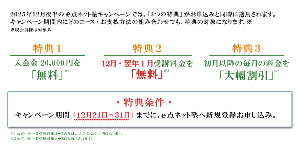 キャンペーン特典内容 特典１：入会費無料 特典2：12月分・翌年1月分受講料無料 特典3：初月以降の毎月の料金を大幅割引 特典条件：キャンペーン期間の12月21日から31日までにe点ネット塾への新規登録お申し込み