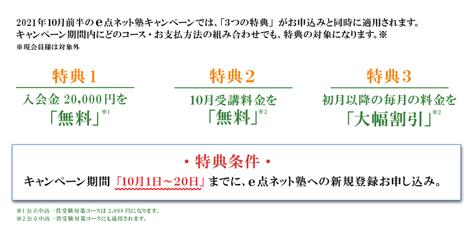 キャンペーン特典内容　特典１：入会費無料　特典２：10月分受講料無料　特典３：初月以降の毎月の料金を大幅割引　特典条件：キャンペーン期間の10月1日から20日までにe点ネット塾への新規登録お申し込み