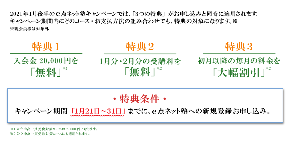 キャンペーン特典内容　特典１：入会費無料　特典２：１月分・２月分受講料無料　特典３：初月以降の毎月の料金を大幅割引　特典条件：キャンペーン期間の1月21日から31日までにe点ネット塾への新規登録お申し込み