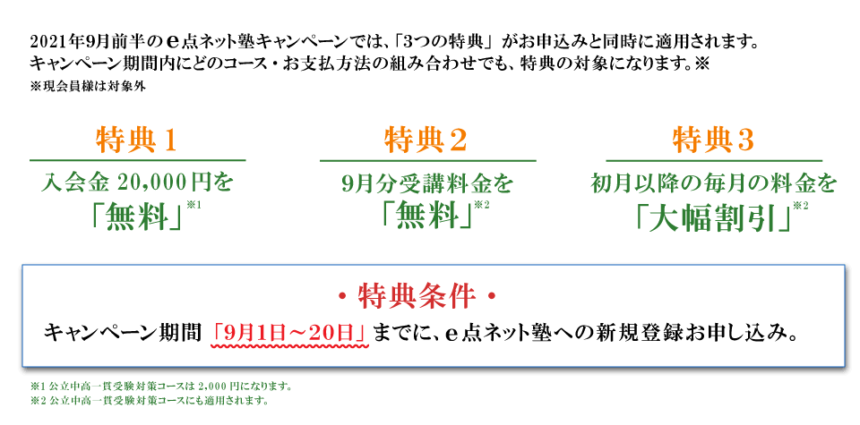 キャンペーン特典内容　特典１：入会費無料　特典２：9月分受講料無料　特典３：初月以降の毎月の料金を大幅割引　特典条件：キャンペーン期間の9月1日から20日までにe点ネット塾への新規登録お申し込み