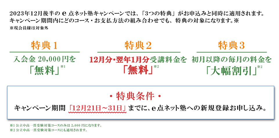 キャンペーン特典内容　特典１：入会費無料　特典２：１２月分・翌年１月分受講料無料　特典３：初月以降の毎月の料金を大幅割引　特典条件：キャンペーン期間の12月21日から31日までにe点ネット塾への新規登録お申し込み