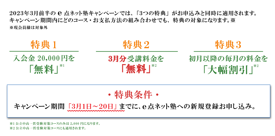 キャンペーン特典内容　特典１：入会費無料　特典２：3月分受講料無料　特典３：初月以降の毎月の料金を大幅割引　特典条件：キャンペーン期間の3月1日から20日までにe点ネット塾への新規登録お申し込み