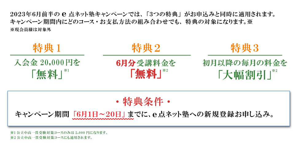 キャンペーン特典内容　特典１：入会費無料　特典２：6月分受講料無料　特典３：初月以降の毎月の料金を大幅割引　特典条件：キャンペーン期間の6月1日から20日までにe点ネット塾への新規登録お申し込み