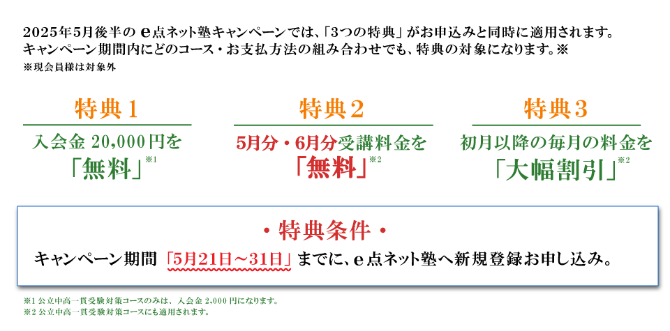 キャンペーン特典内容　特典１：入会費無料　特典２：5月分・6月分受講料無料　特典３：初月以降の毎月の料金を大幅割引　特典条件：キャンペーン期間の5月21日から31日までにe点ネット塾への新規登録お申し込み