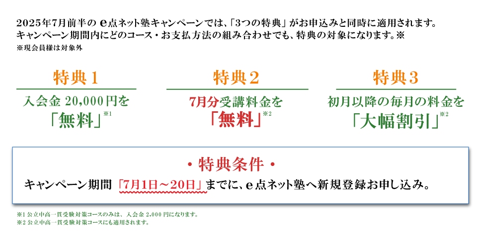キャンペーン特典内容 特典１：入会費無料 特典2：7月分受講料無料 特典3：初月以降の毎月の料金を大幅割引 特典条件：キャンペーン期間の7月1日から20日までにe点ネット塾への新規登録お申し込み