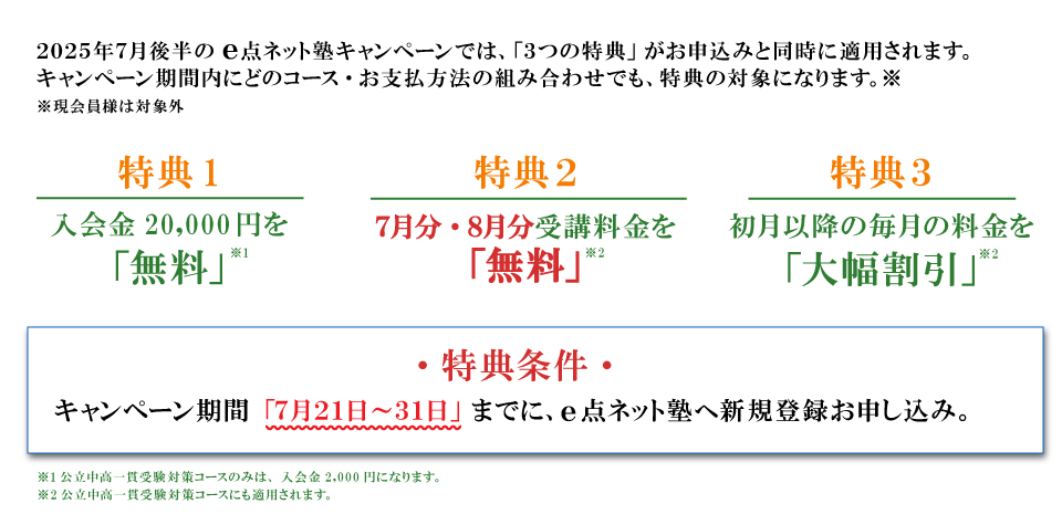 キャンペーン特典内容　特典１：入会費無料　特典２：7月分・8月分受講料無料　特典３：初月以降の毎月の料金を大幅割引　特典条件：キャンペーン期間の7月21日から31日までにe点ネット塾への新規登録お申し込み