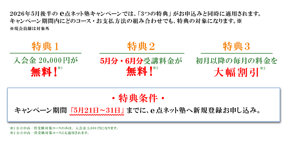 キャンペーン特典内容 特典１：入会費無料 特典2：5月分・6月分受講料無料 特典3：初月以降の毎月の料金を大幅割引 特典条件：キャンペーン期間の5月21日から31日までにe点ネット塾への新規登録お申し込み
