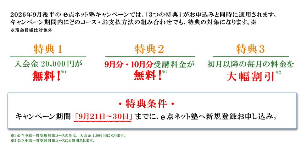 キャンペーン特典内容 特典１：入会費無料 特典2：9月分・10月分受講料無料 特典3：初月以降の毎月の料金を大幅割引 特典条件：キャンペーン期間の9月21日から30日までにe点ネット塾への新規登録お申し込み